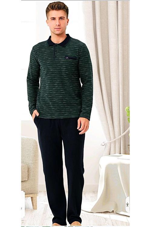 %100 Pamuk Selanik Örme Uzun Kol Erkek Pijama Takımı Kışlık Yeşil M