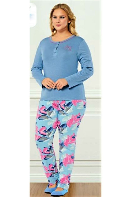 Büyük Beden Uzun Kol Likralı Kadın Pijama Takımı Mavi Mavi 3XL