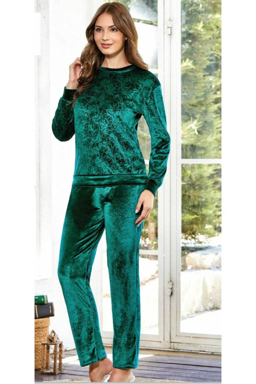 Uzun Kol Şık Kadife Kadın Pijama Takımı Yeşil S