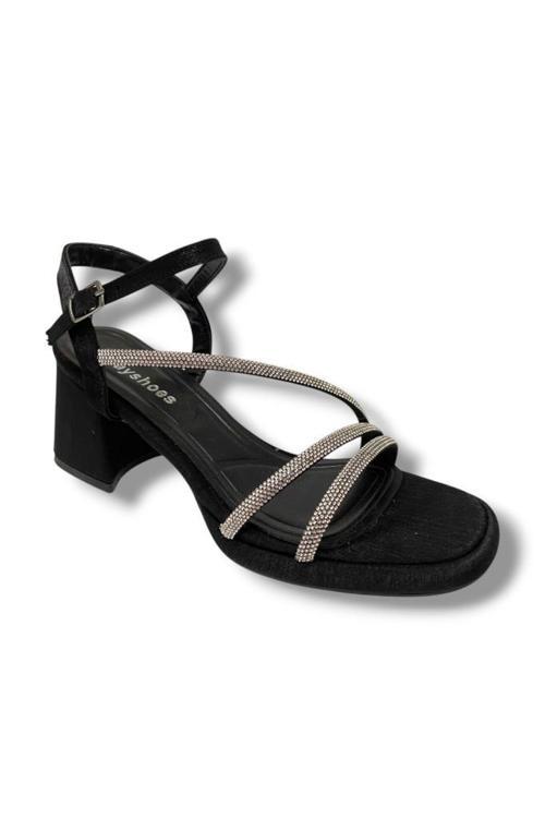 488-25 Saten Kare Topuk Taşlı Kadın Sandalet