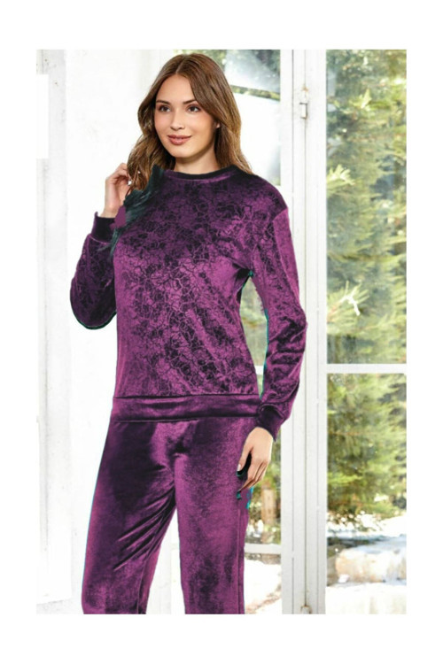 Uzun Kol Şık Kadife Kadın Pijama Takımı Mor XL