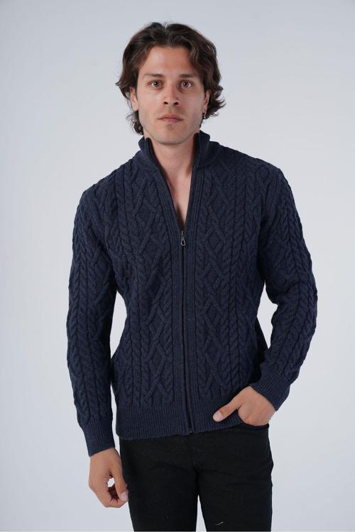 Lacivert Erkek Arka Fitilli Dik Yaka Fermuarlı Triko Yün Hırka Trıst-5299