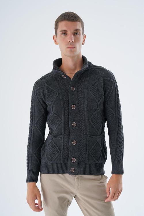 Erkek Antrasit Dik Yaka Düğmeli Yürütmeli Saç Örgülü Cepli Yün Triko Örme Hırka