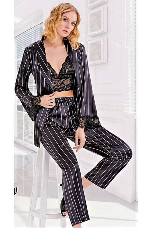 Saten Büstiyerli Pijama Takımı Pembe Çizgili Siyah Siyah L