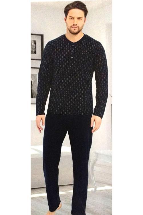 Büyük Beden Uzun Kol Pamuklu Penye Erkek Pijama Takımı Lacivert 2XL