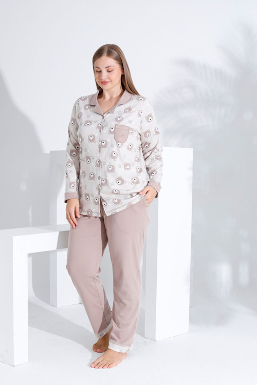 Pamuklu Önden Düğmeli Uzun Kol Kadın Pijama Takımı Açık Kahve Kahverengi XL