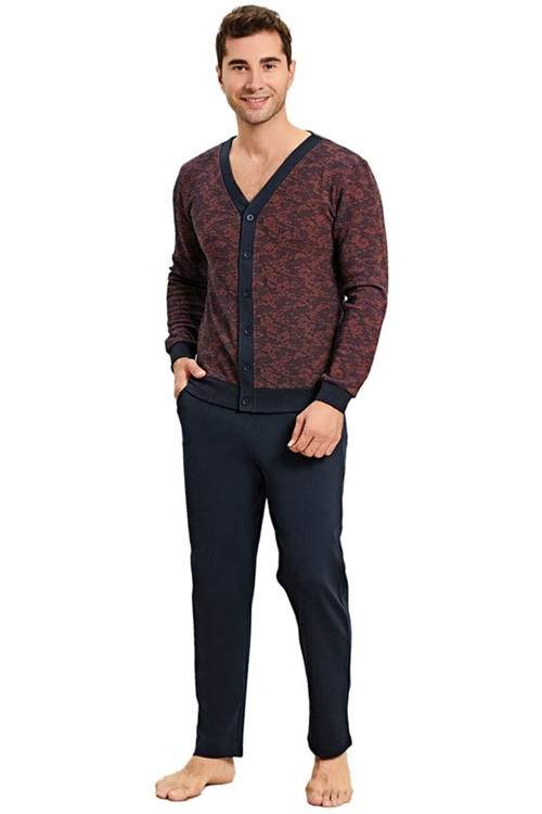 Erkek Düğmeli Pijama Takımı Uzun Kol Kiremit XL