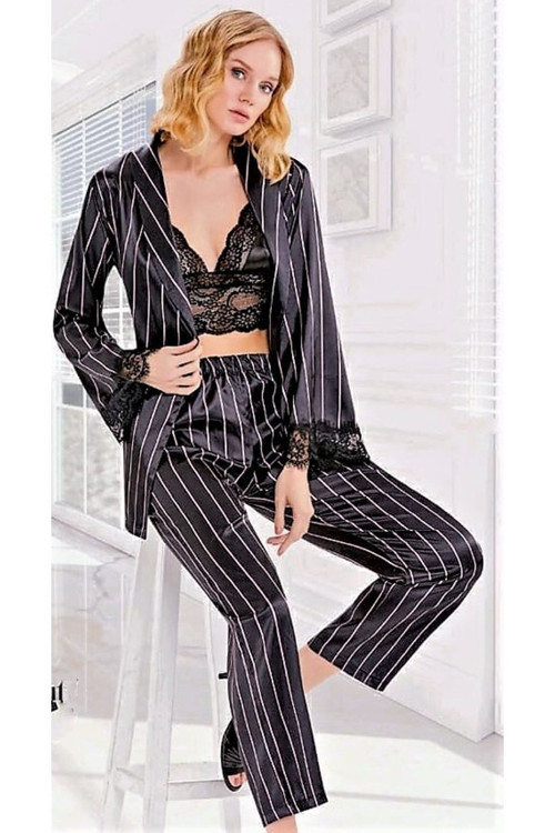 Saten Büstiyerli Pijama Takımı Pembe Çizgili Siyah Siyah XL