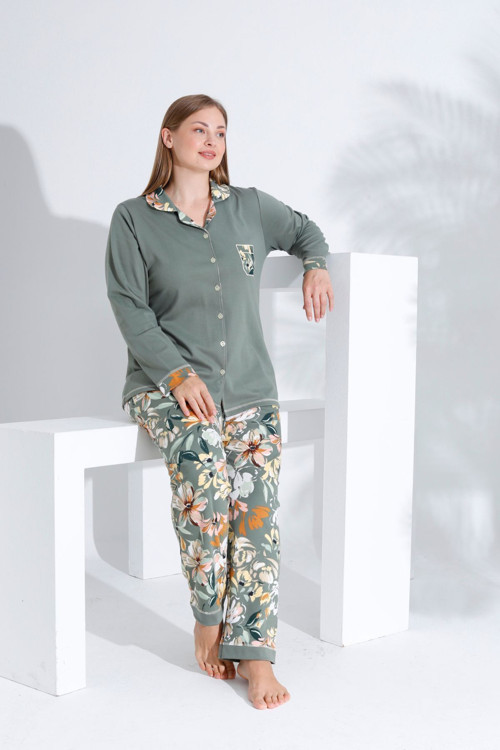 Pamuklu Önden Düğmeli Uzun Kol Kadın Pijama Takımı Haki Çiçekli Haki 3XL