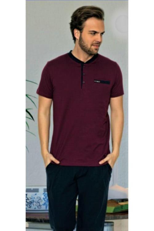 Kısa Kol Erkek Pijama Takımı Bordo Bordo - Lacivert L