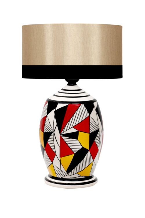 Handmade Geometric Coated Özel Tasarım Abajur - Siyah Bordürlü Mataro Vizon