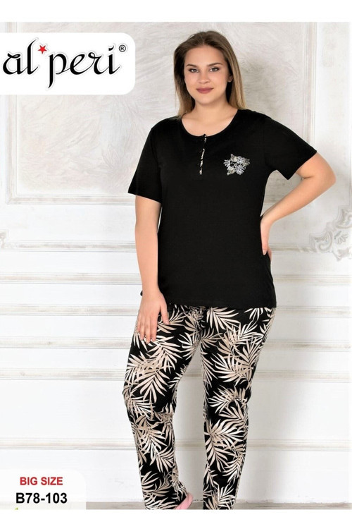 Büyük Beden Yazlık Kısa Kol Kadın Pijama Takımı Siyah Siyah 4XL
