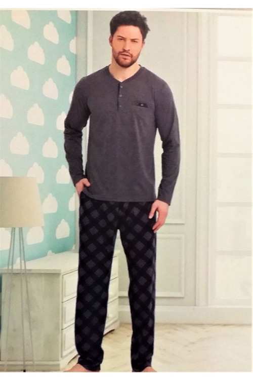 Uzun Kol Pamuklu Erkek Pijama Takımı Mevsimlik Antrasit L