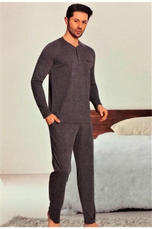 Uzun Kol Pamuklu Erkek Pijama Takımı Mevsimlik Antrasit M