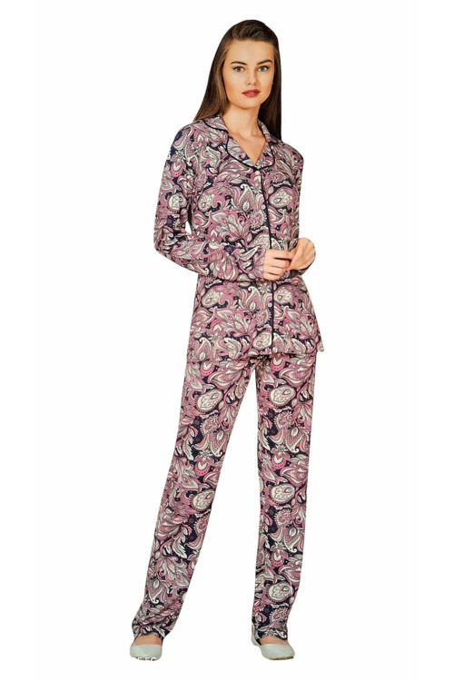Önden Düğmeli Pijama Takımı Pembe Pembe XL