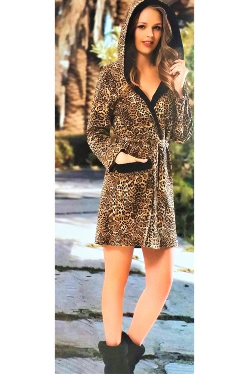 Leopar Desen Kapüşonlu Kısa Sabahlık Kahverengi L