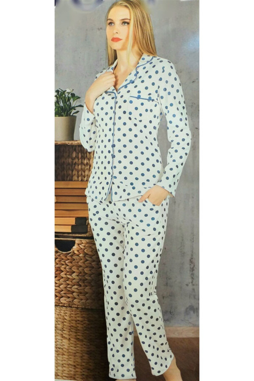 Önden Düğmeli Polar Pijama Takımı Mavi Puanlı Mavi M