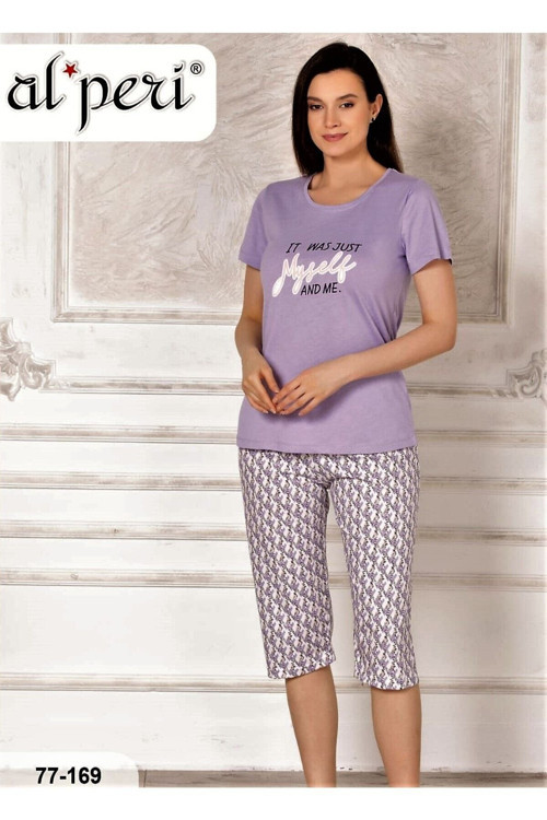 Yazlık Kısa Kol Kadın Kapri Pijama Takımı Lila Lila L