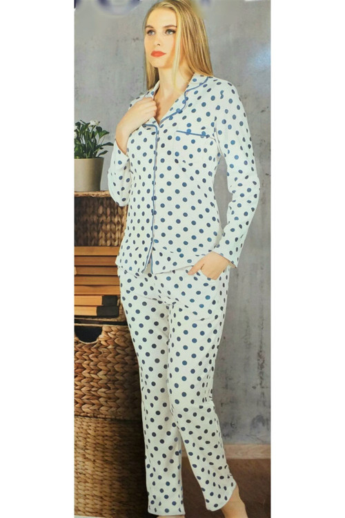 Önden Düğmeli Polar Pijama Takımı Mavi Puanlı Mavi L