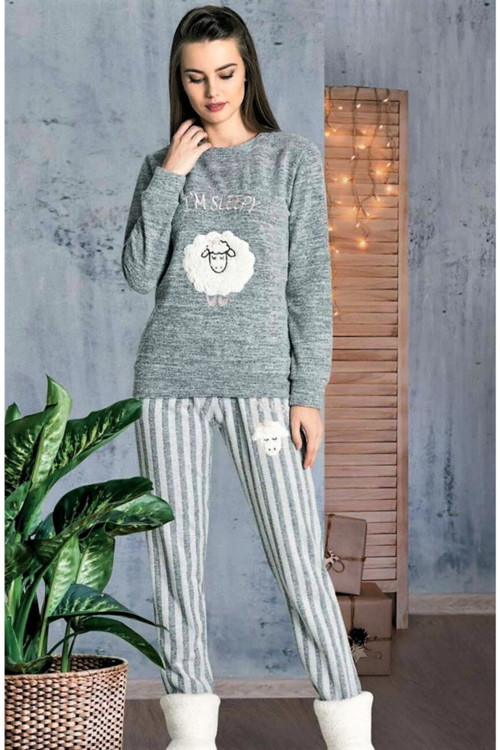 Uzun Kol Kışlık Pijama Takımı Gri M