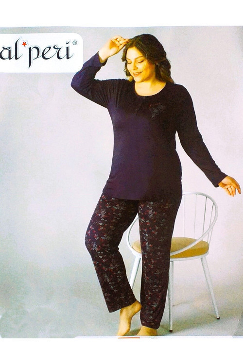 Büyük Beden Yazlık Uzun Kol Pijama Takımı Mor 6XL