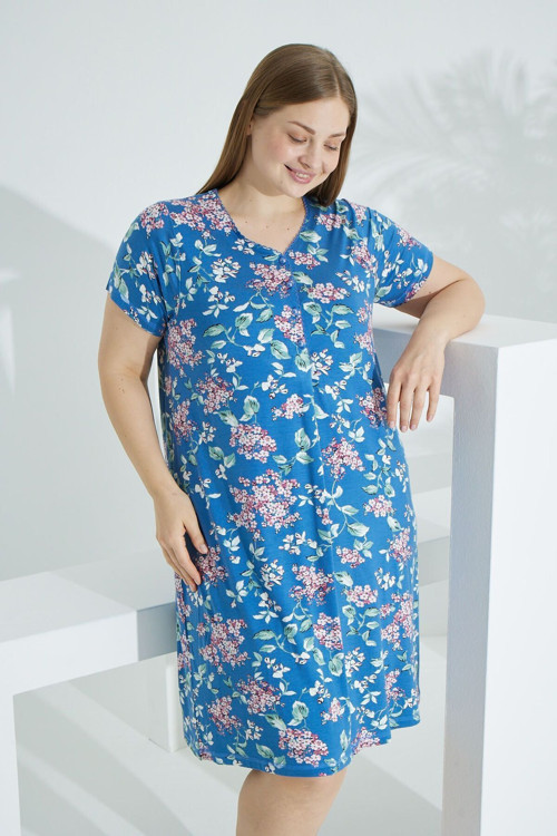 Büyük Beden Bambu Yazlık Kadın Elbise - Anne Elbisesi Koyu Mavi 5XL