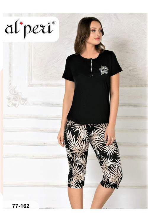 Yazlık Kısa Kol Kadın Kapri Pijama Takımı Siyah Siyah XL