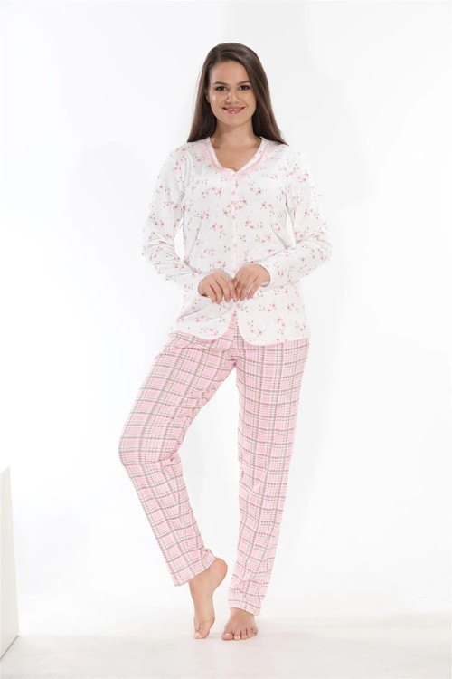 Pamuklu Uzun Kol Önden Düğmeli Kadın Pijama Takımı Pembe Büyük Beden Pembe 4XL