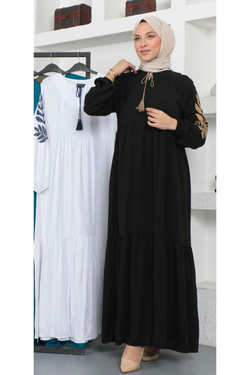 Kaftan Büyük Beden Kolu Lastikli Tesettür Elbise Siyah Siyah 48 - 50