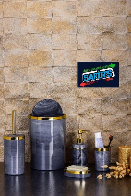 5 Parça Mermer Desen Banyo Seti / Wc Fırçalık, Sıvı - Katı Sabunluk, Çöp Kovası, Diş Fırçalık