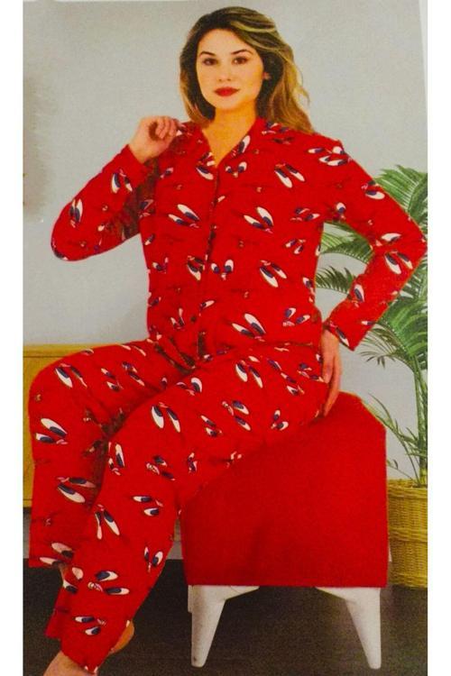 Önden Düğmeli Uzun Kol Süet Kadın Pijama Takımı Kırmızı 2XL