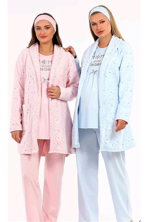 Sabahlıklı Loğusa Pijama Takımı Yeni Sezon Pudra L