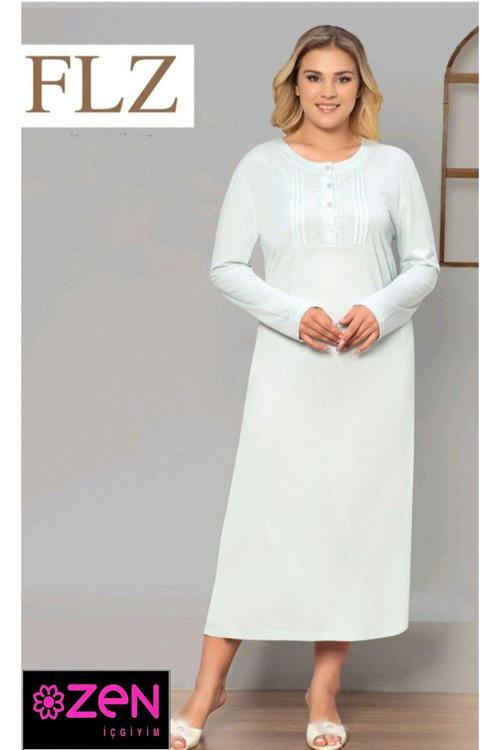 Büyük Beden Uzun Kol Kışlık Şık Gecelik Ekru Ekru 2XL