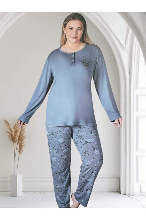 Zen Büyük Beden Yazlık Uzun Kol Kadın Pijama Takımı Gri 4XL