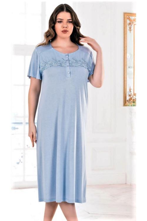 Kısa Kol Güpürlü Büyük Beden Gecelik Mavi Mavi 3XL