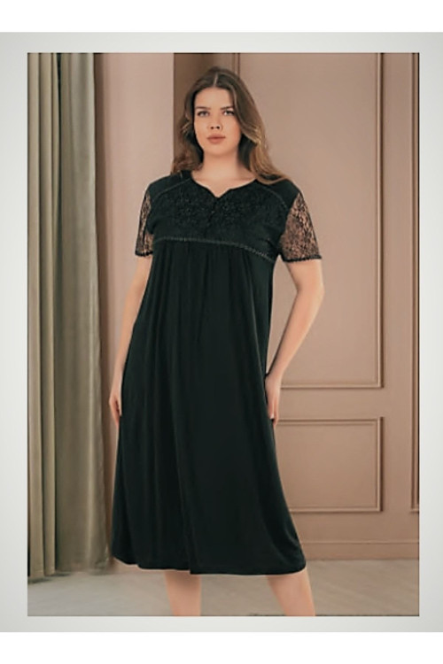 Zen Kısa Kol Güpürlü Büyük Beden Gecelik Siyah Siyah 4XL