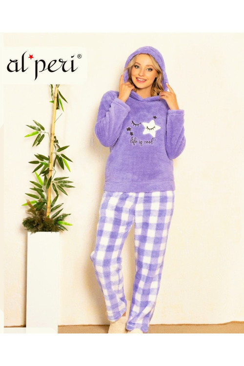 Uzun Kol Kapüşonlu Welsoft Pelüş Pijama Takımı Lila Lila XL