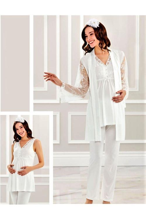 3'Lü Dantelli Lohusa Pijama Takımı Ekru Ekru L