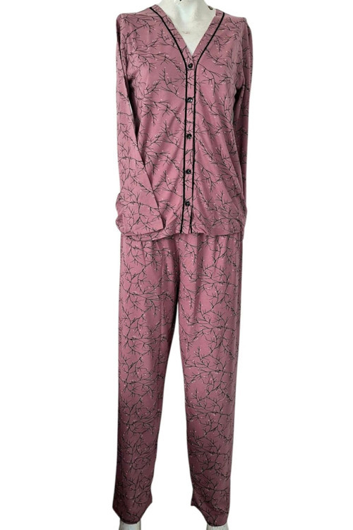 Boydan Düğmeli Uzun Kol Anne Pijama Takımı Yazlık Gül Kurusu 2XL