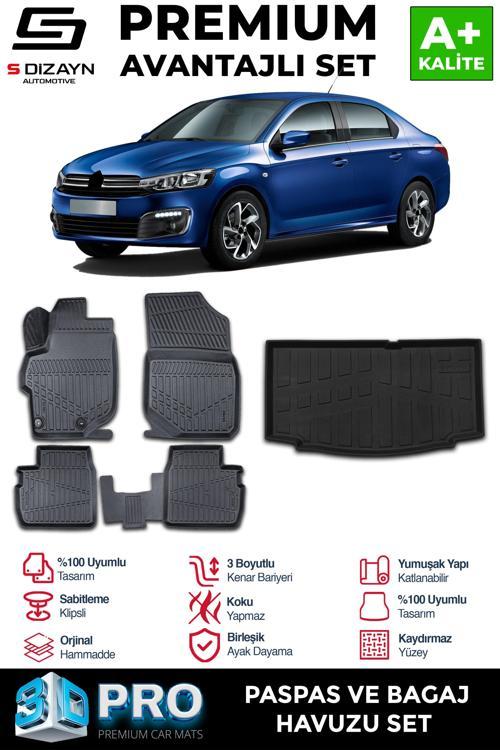 Citroen C-Elysee 3D Pro Havuzlu Paspas ve Bagaj Havuzu Seti (2'li SET) 2012-2017 A+ Kalite