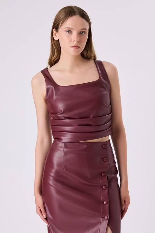 Büzgülü Deri Kadın Crop Bluz 342114029