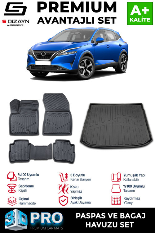 Nissan Qashqai E-Power 3D Pro Havuzlu Paspas ve Bagaj Havuzu Seti (2'li SET) 2021-2024 A+ Kalite