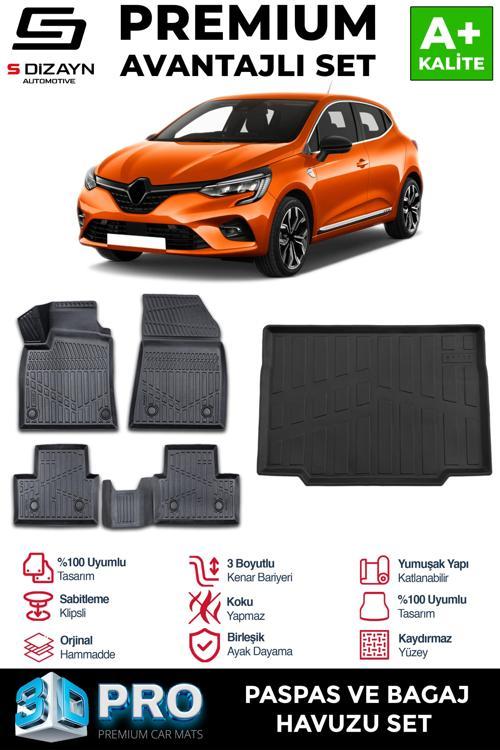 Renault Clio 5 3D Pro Havuzlu Paspas ve Bagaj Havuzu Seti (2'li SET) 2019 Üzeri A+ Kalite