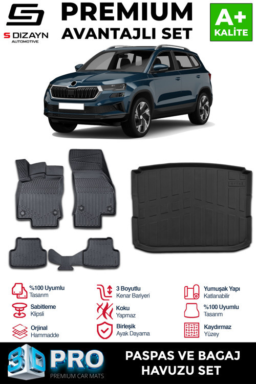 Skoda Karoq 3D Pro Havuzlu Paspas ve Bagaj Havuzu Seti (2'li SET) 2018 Üzeri A+ Kalite