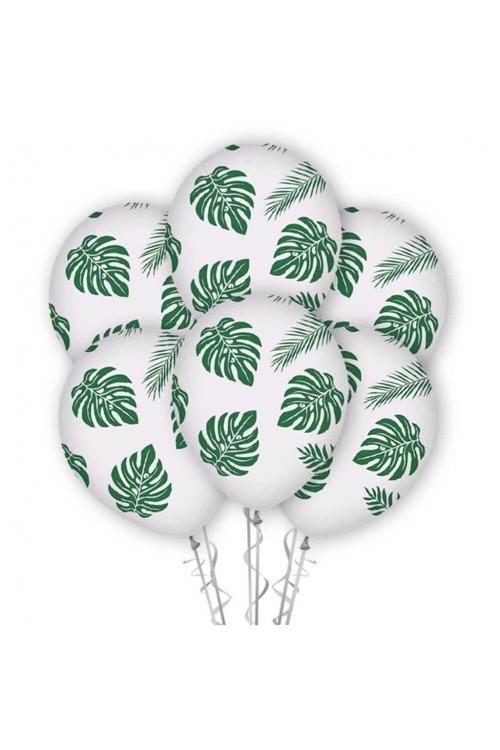 Balon Lateks 12'' Yeşil Yaprak Baskılı Beyaz 8'Li