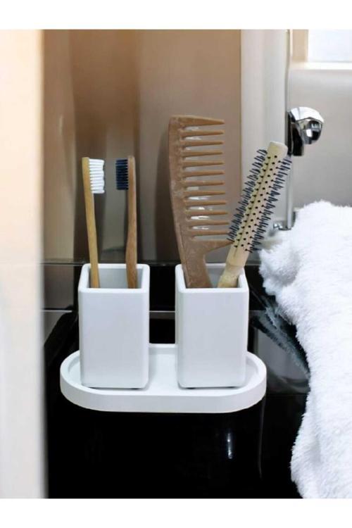 Banyo Seti Beyaz Tepsili Diş Fırçalık, Diş Macunluk, Makyaj Organizeri,Banyo Takım
