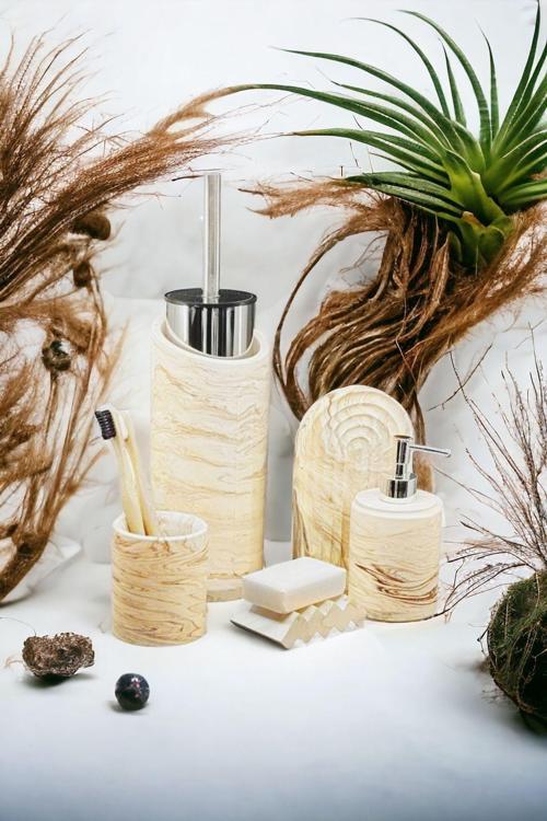 Marble Serisi Bej Beton Banyo Seti Ve Wc Tuvalet Fırçalığı