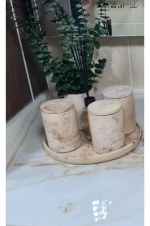 10Lu Bej Mermer Desenli Görünümlü Banyo Seti ,Sıvı Sabunluk Diş Fırçalığı Beton Aksesuar