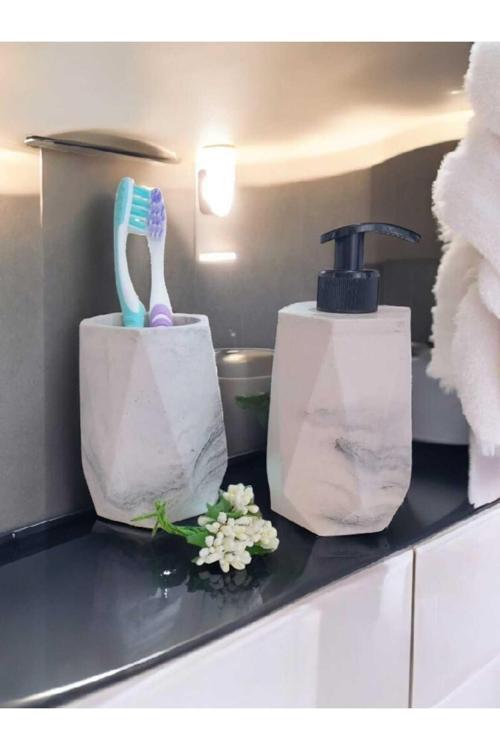 2'Li Mermer Desenli Görünümlü Banyo Seti, Sıvı Sabunluk Diş Fırçalığı Beton