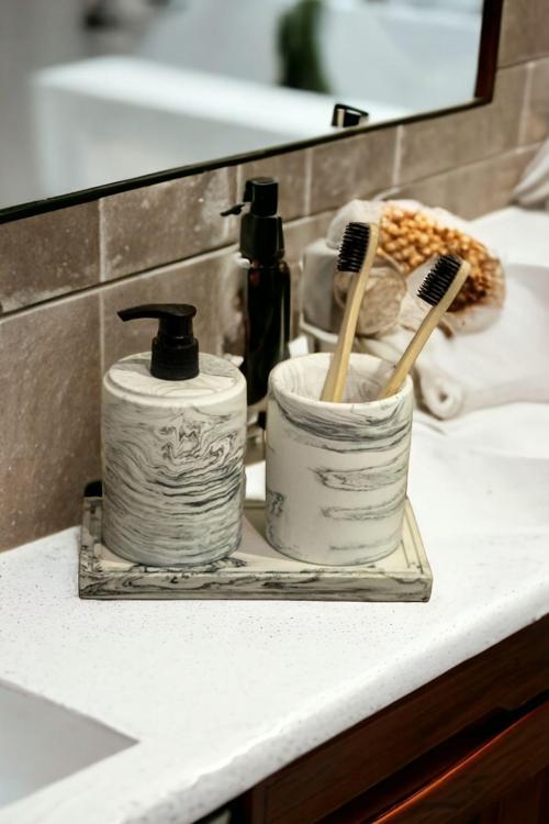 3'Lü Mermer Desen Banyo Seti ,Sıvı Sabunluk Diş Fırçalığı Beton Aksesuar Takımı